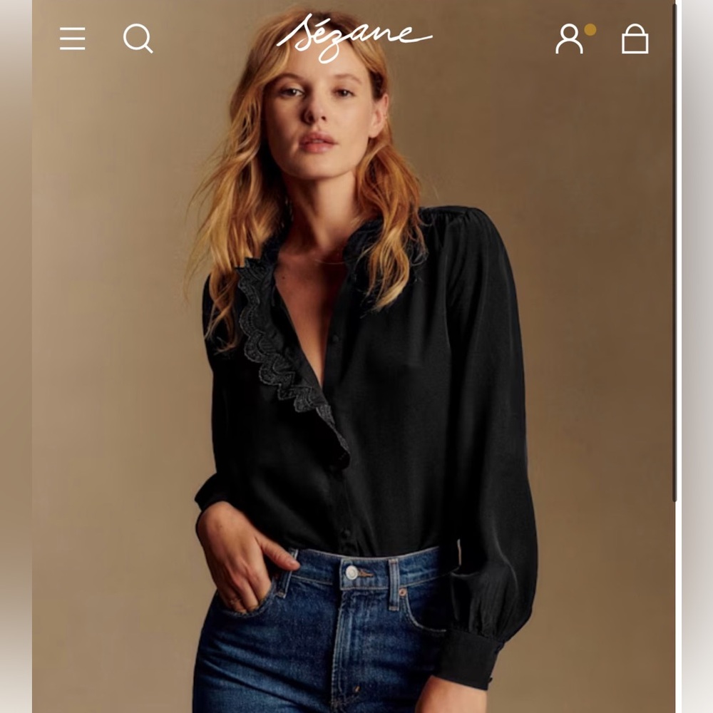 Sézane Black Chloe Lace-Trim Button-Down Shirt